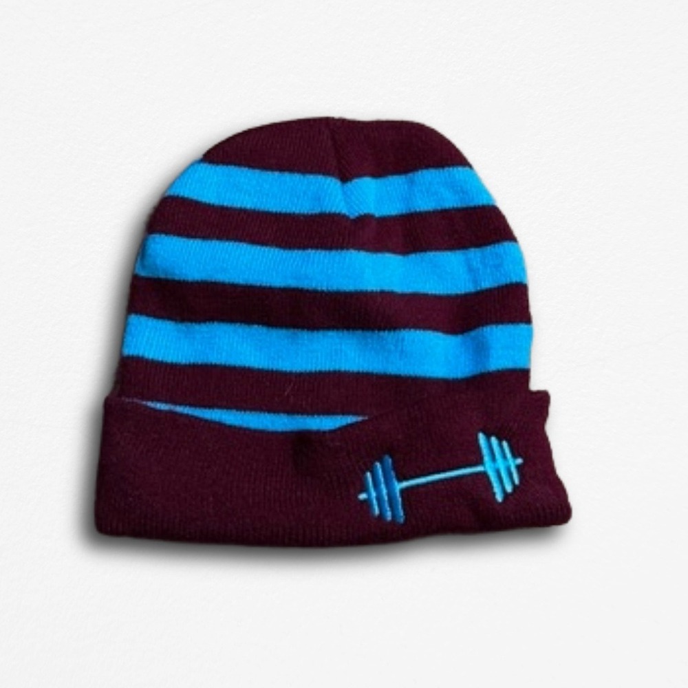 Unbranded Barbell Gym Beanie Maroon Blue Striped Knit Fitness Skull Cap Hat